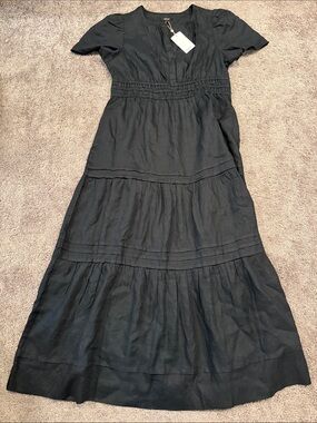 Quince 100% European Linen Black Short-Sleeve Tiered Maxi with Smocked Waist